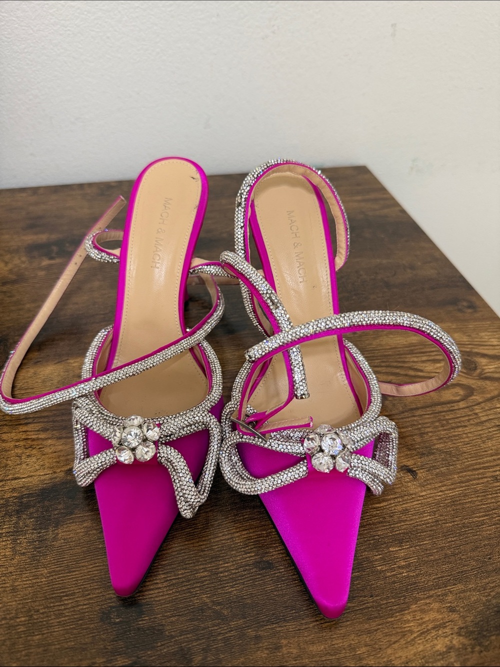 MACH & MACH Hot Pink Crystal-Strap Pointed Toe Heels